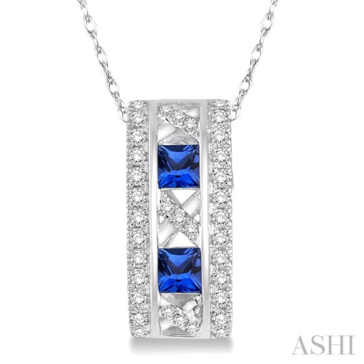 3x3 MM Princess Cut Sapphire and 1/5 Ctw Round Cut Diamond Precious Pendant in 14K White Gold with Chain