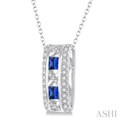 3x3 MM Princess Cut Sapphire and 1/5 Ctw Round Cut Diamond Precious Pendant in 14K White Gold with Chain