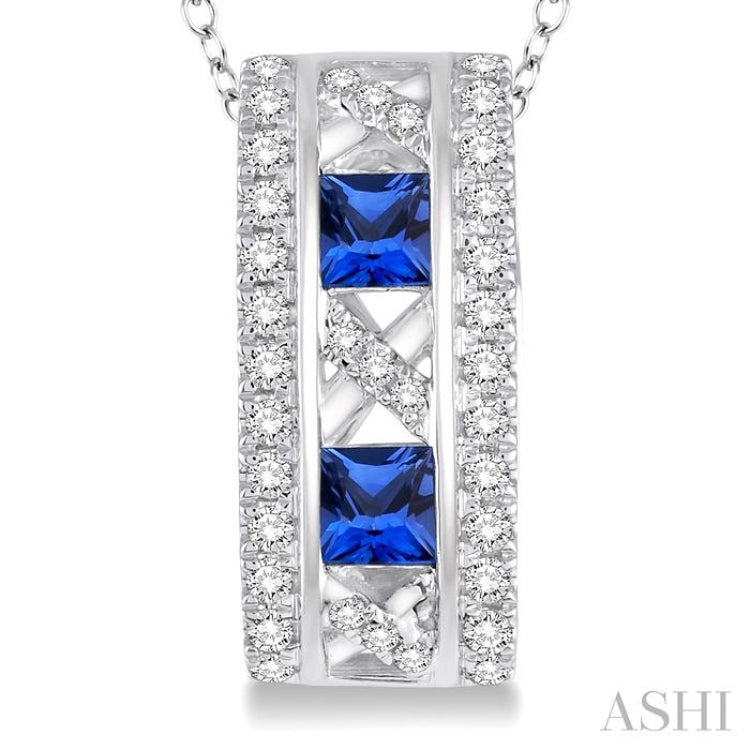 3x3 MM Princess Cut Sapphire and 1/5 Ctw Round Cut Diamond Precious Pendant in 14K White Gold with Chain