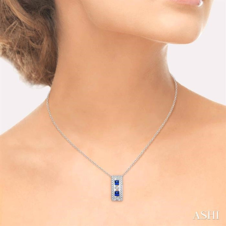 3x3 MM Princess Cut Sapphire and 1/5 Ctw Round Cut Diamond Precious Pendant in 14K White Gold with Chain