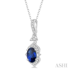 6x4 MM Oval Shape Sapphire and 1/5 Ctw Diamond Precious Pendant in 14K White Gold with Chain