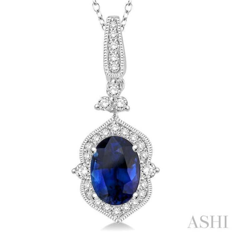 6x4 MM Oval Shape Sapphire and 1/5 Ctw Diamond Precious Pendant in 14K White Gold with Chain