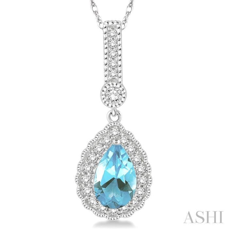 7x5 MM Pear Shape Aquamarine and 1/5 Ctw Round Cut Diamond Pendant in 14K White Gold with Chain