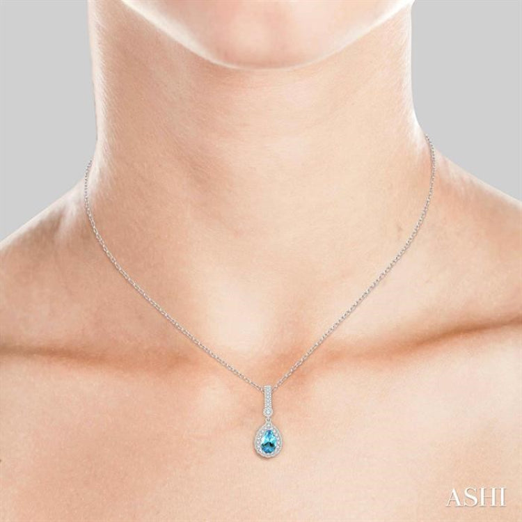 7x5 MM Pear Shape Aquamarine and 1/5 Ctw Round Cut Diamond Pendant in 14K White Gold with Chain