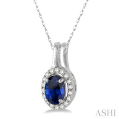 7x5 MM Oval Shape Sapphire and 1/6 Ctw Round Cut Diamond Pendant in 14K White Gold with Chain