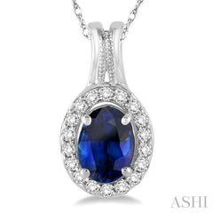 7x5 MM Oval Shape Sapphire and 1/6 Ctw Round Cut Diamond Pendant in 14K White Gold with Chain