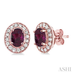 7x5 MM Oval Cut Rhodolite Garnet and 3/8 Ctw Round Cut Diamond Earrings in 14K Rose Gold