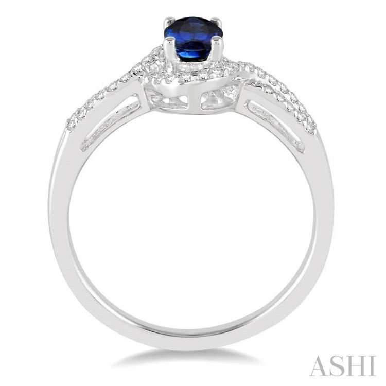 6x4 MM Oval Cut Sapphire and 1/6 Ctw Round Cut Diamond Ring in 14K White Gold