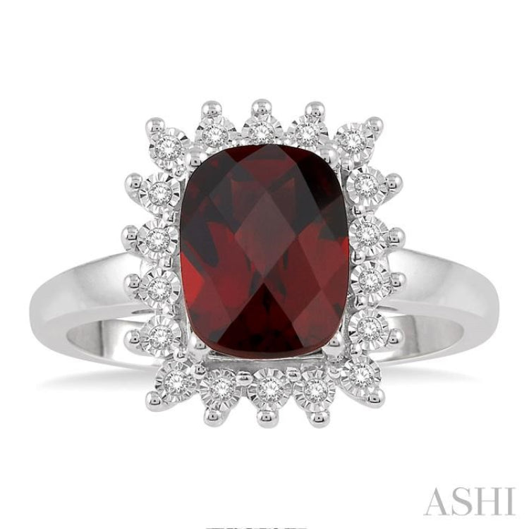 1/10 Ctw Cushion Shape 8x6mm Garnet & Round Cut Diamond Semi Precious Ring in 10K White Gold