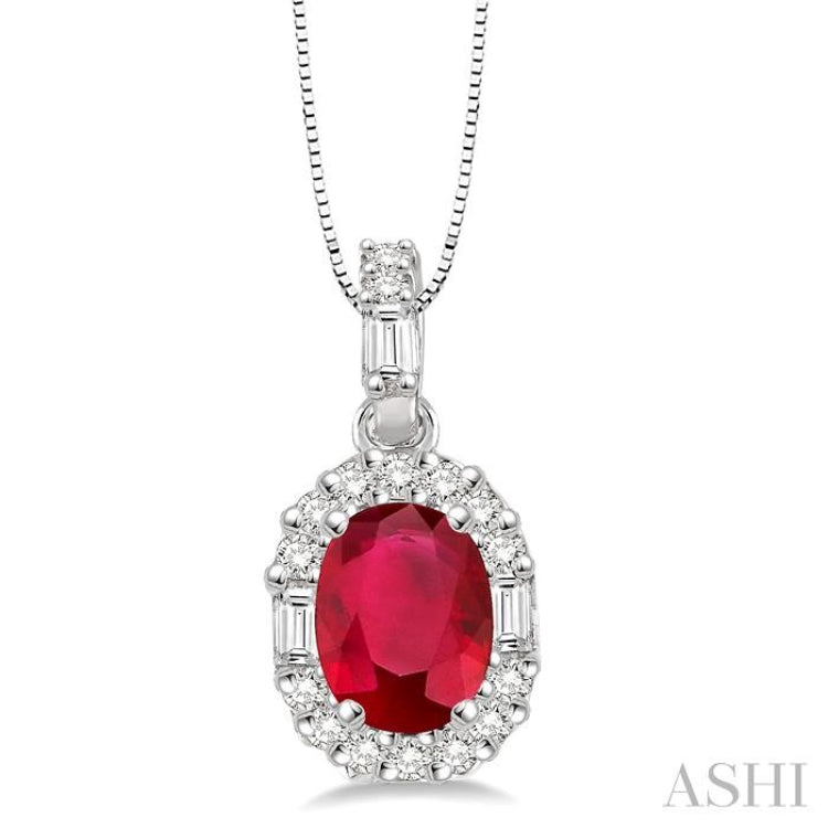 6x4 MM Oval Shape Ruby and 1/4 Ctw Diamond Precious Pendant in 14K White Gold with Chain