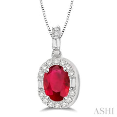 6x4 MM Oval Shape Ruby and 1/4 Ctw Diamond Precious Pendant in 14K White Gold with Chain