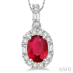 6x4 MM Oval Shape Ruby and 1/4 Ctw Diamond Precious Pendant in 14K White Gold with Chain