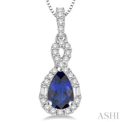 7x5 MM Pear Shape Sapphire and 1/3 Ctw Diamond Precious Pendant in 14K White Gold with Chain