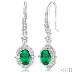 5x3 MM Oval Shape Emerald and 1/3 Ctw Round Cut Diamond Precious Earrings in 14K White Gold