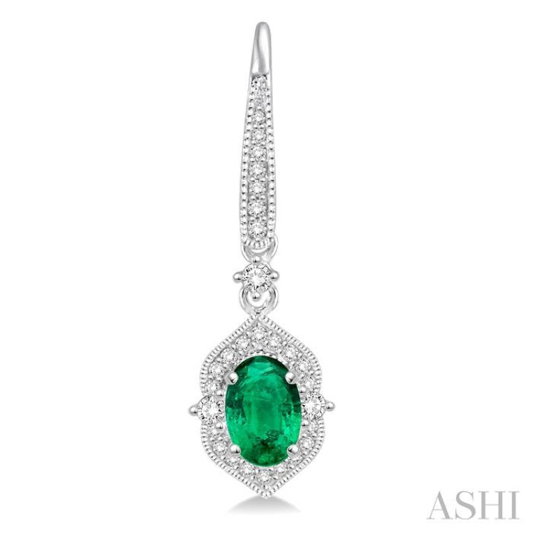 5x3 MM Oval Shape Emerald and 1/3 Ctw Round Cut Diamond Precious Earrings in 14K White Gold