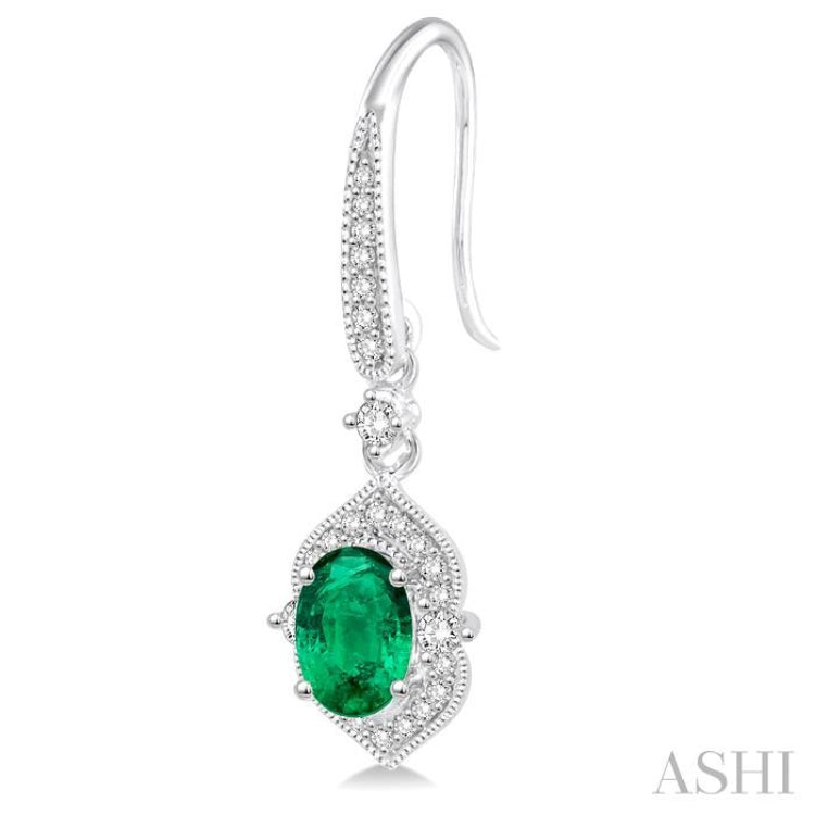 5x3 MM Oval Shape Emerald and 1/3 Ctw Round Cut Diamond Precious Earrings in 14K White Gold