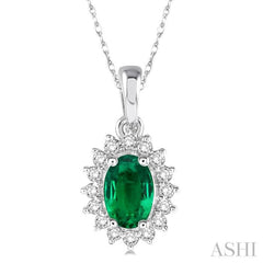 1/8 Ctw Round Cut Diamond and Oval Cut 6x4 MM Emerald Center Sunflower Precious Pendant in 10K White Gold with chain