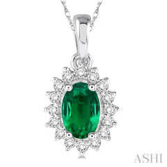 1/8 Ctw Round Cut Diamond and Oval Cut 6x4 MM Emerald Center Sunflower Precious Pendant in 10K White Gold with chain