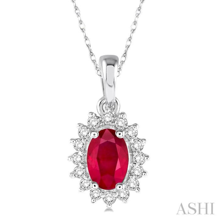 1/8 Ctw Round Cut Diamond and Oval Cut 6x4 MM Ruby Center Sunflower Precious Pendant in 10K White Gold with chain