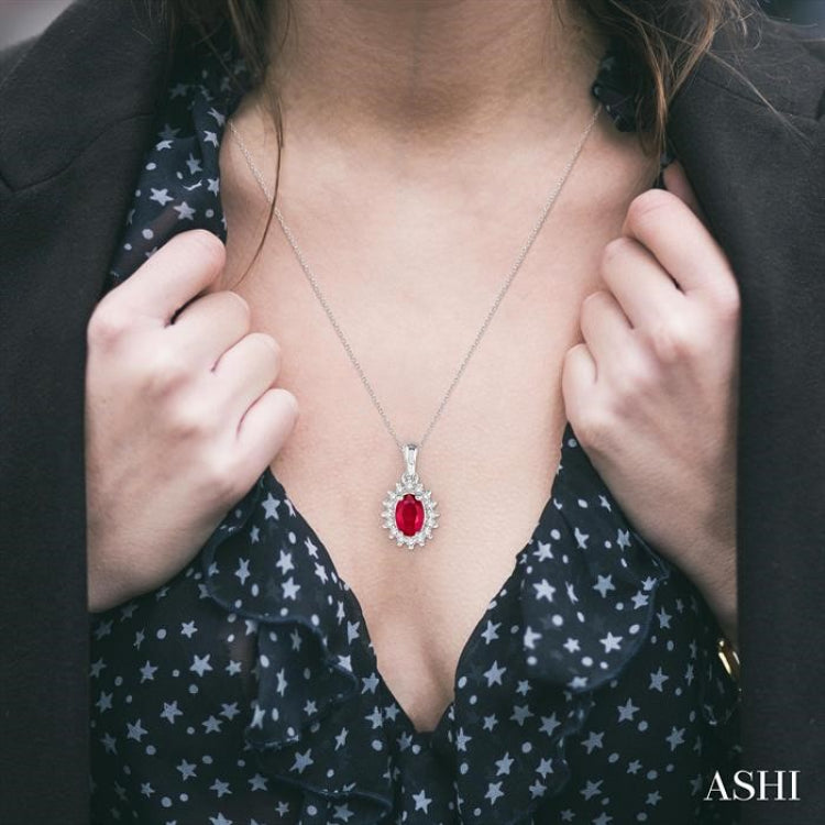 1/8 Ctw Round Cut Diamond and Oval Cut 6x4 MM Ruby Center Sunflower Precious Pendant in 10K White Gold with chain