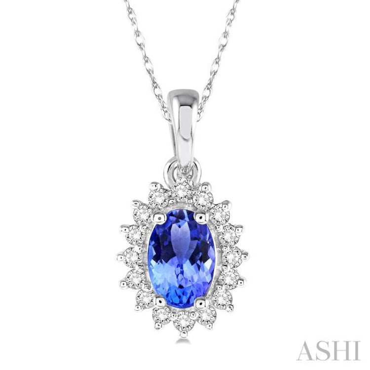 1/8 Ctw Round Cut Diamond and Oval Cut 6x4 MM Tanzanite Center Sunflower Precious Pendant in 10K White Gold with chain