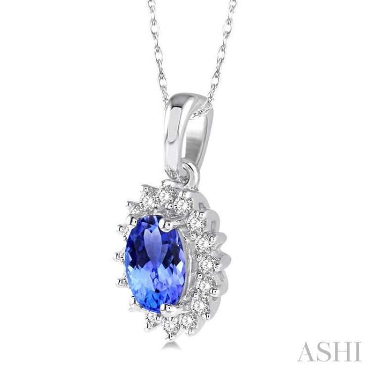 1/8 Ctw Round Cut Diamond and Oval Cut 6x4 MM Tanzanite Center Sunflower Precious Pendant in 10K White Gold with chain