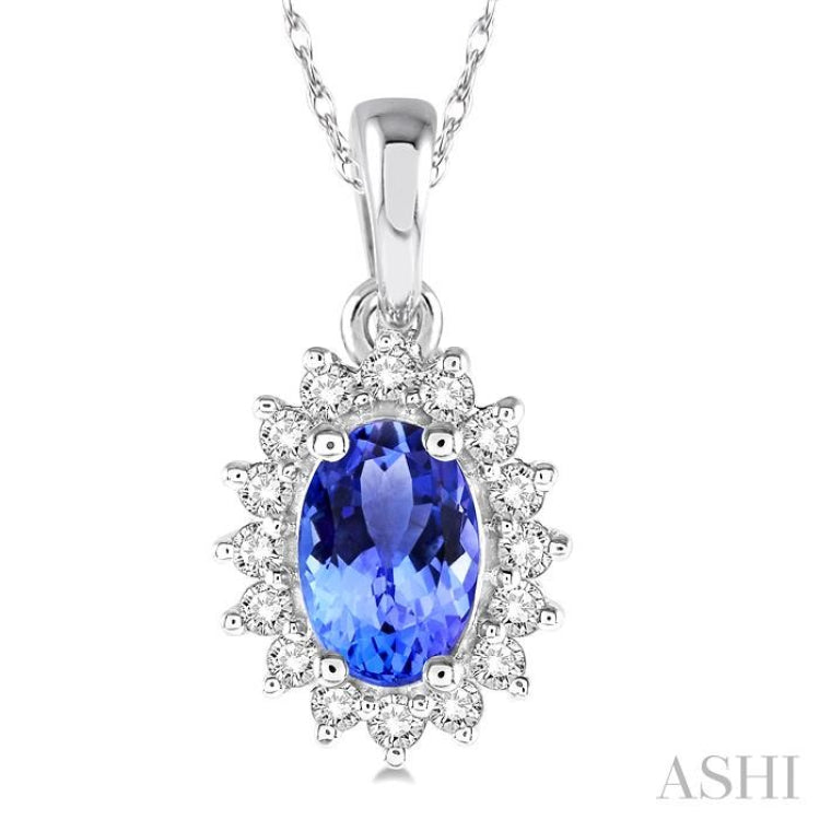 1/8 Ctw Round Cut Diamond and Oval Cut 6x4 MM Tanzanite Center Sunflower Precious Pendant in 10K White Gold with chain