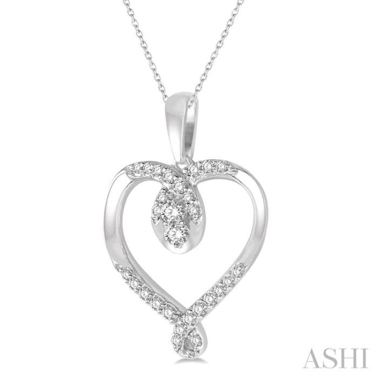 1/4 Ctw Pear Shape Drop Twisted Tip Heart Charm Round Cut Diamond Pendant With Link Chain in 14K White Gold