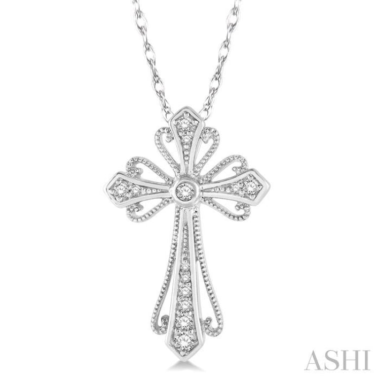 1/6 Ctw Vintage Cross Charm Round Cut Diamond Pendant With Link Chain in 10K White Gold