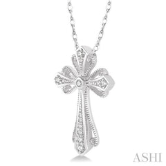 1/6 Ctw Vintage Cross Charm Round Cut Diamond Pendant With Link Chain in 10K White Gold