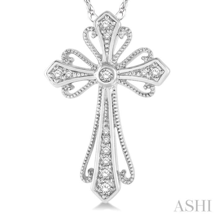 1/6 Ctw Vintage Cross Charm Round Cut Diamond Pendant With Link Chain in 10K White Gold