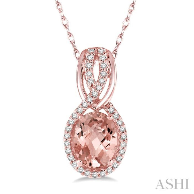 1/6 Ctw Round Cut Diamond and Oval Cut 8x6 MM Morganite Entwined Semi Precious Pendant in 14K Rose Gold with chain