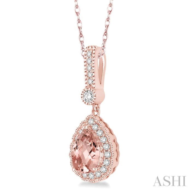 7x5 MM Pear Shape Morganite and 1/5 Ctw Round Cut Diamond Pendant in 14K Rose Gold with Chain