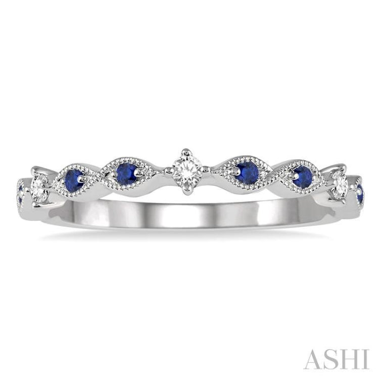 1.25 MM Round Cut Blue Sapphire and 1/20 Ctw Round Cut Diamond Precious Half Eternity Wedding Band in 14K White Gold