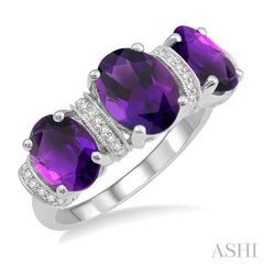 1/10 Ctw Round cut Diamond and Tri Mount Oval Cut 8x6 MM & 7x5 MM Amethyst Semi Precious Ring in 10K White Gold