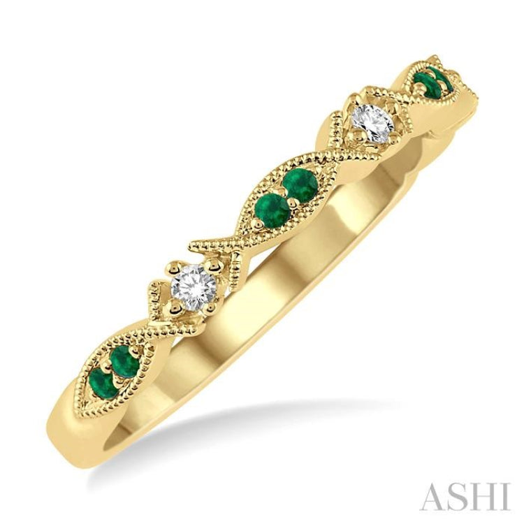 1.25 MM Round Cut Green Emerald and 1/20 Ctw Round Cut Diamond Precious Half Eternity Wedding Band in 14K Yellow Gold