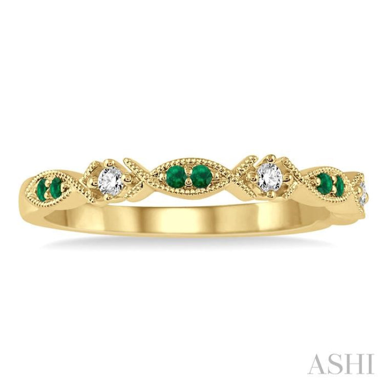 1.25 MM Round Cut Green Emerald and 1/20 Ctw Round Cut Diamond Precious Half Eternity Wedding Band in 14K Yellow Gold