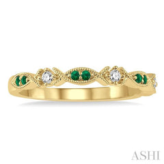 1.25 MM Round Cut Green Emerald and 1/20 Ctw Round Cut Diamond Precious Half Eternity Wedding Band in 14K Yellow Gold