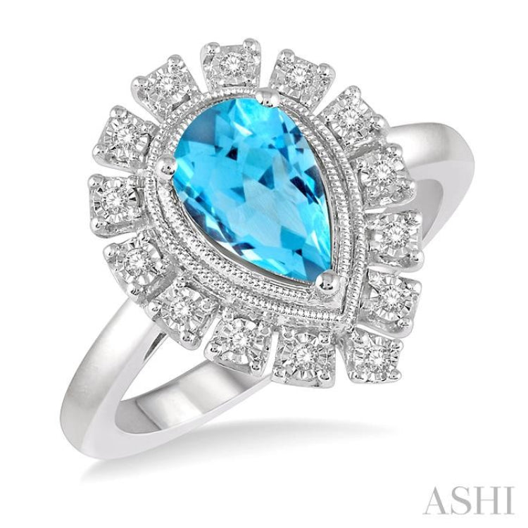 1/10 Ctw Lattice Pear Shape 9x6 MM Blue Topaz & Round Cut Diamond Semi Precious Ring in 10K White Gold