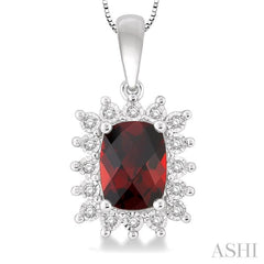 1/10 Ctw Cushion Shape 8x6 MM Garnet & Round Cut Diamond Semi Precious Pendant in 10K White Gold