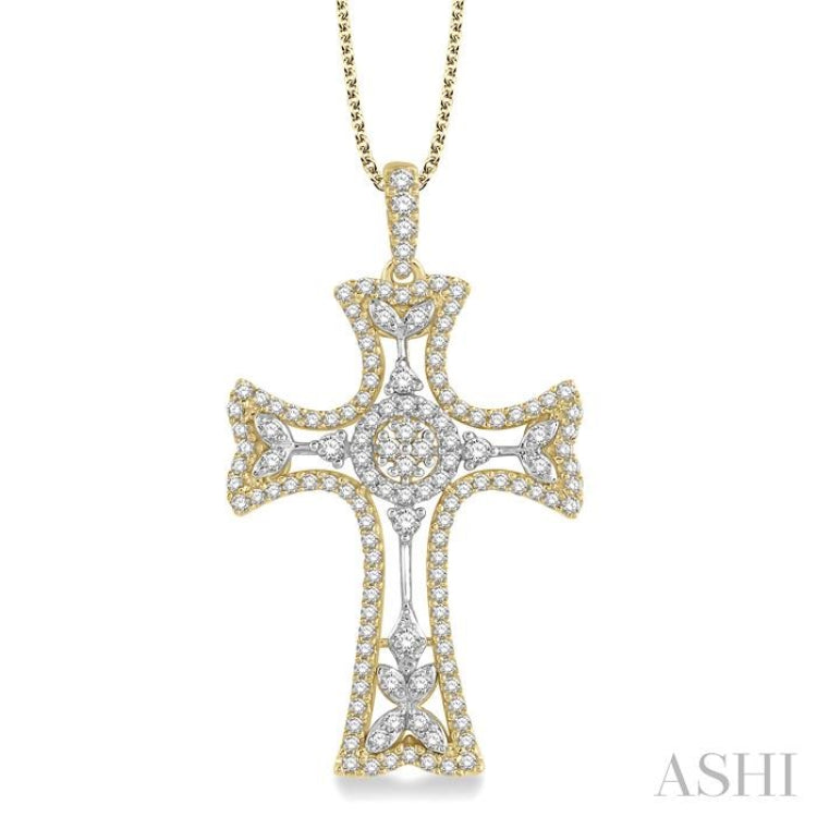 7/8 Ctw Round Cut Diamond Cross Pendant in 14K Yellow and White Gold