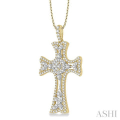 7/8 Ctw Round Cut Diamond Cross Pendant in 14K Yellow and White Gold