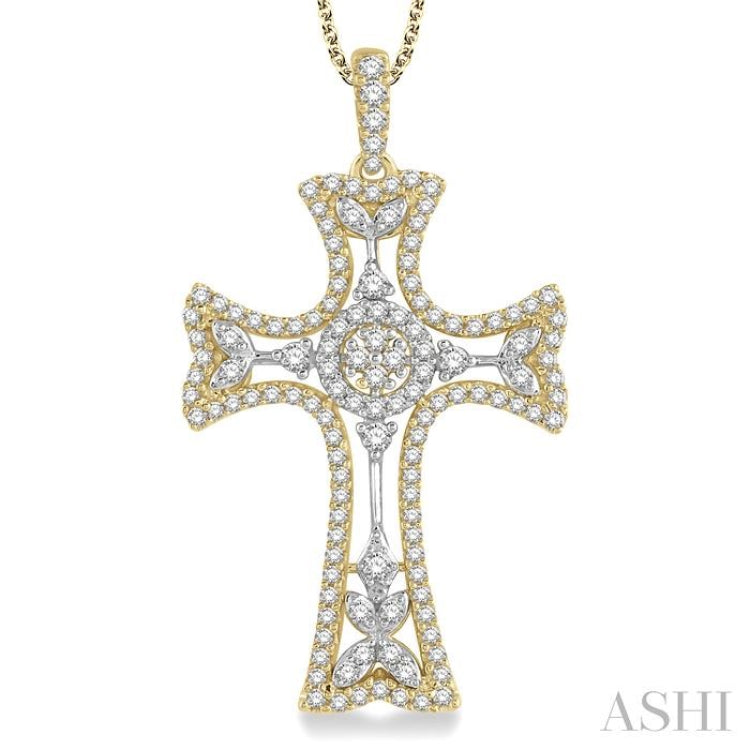 7/8 Ctw Round Cut Diamond Cross Pendant in 14K Yellow and White Gold