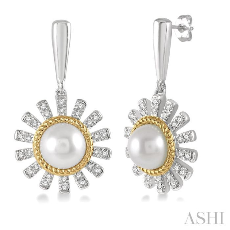 1/5 Ctw Sunflower 6x6 MM Cultured Pearls & Round Cut Diamond Earring in 10K White and Yellow Gold