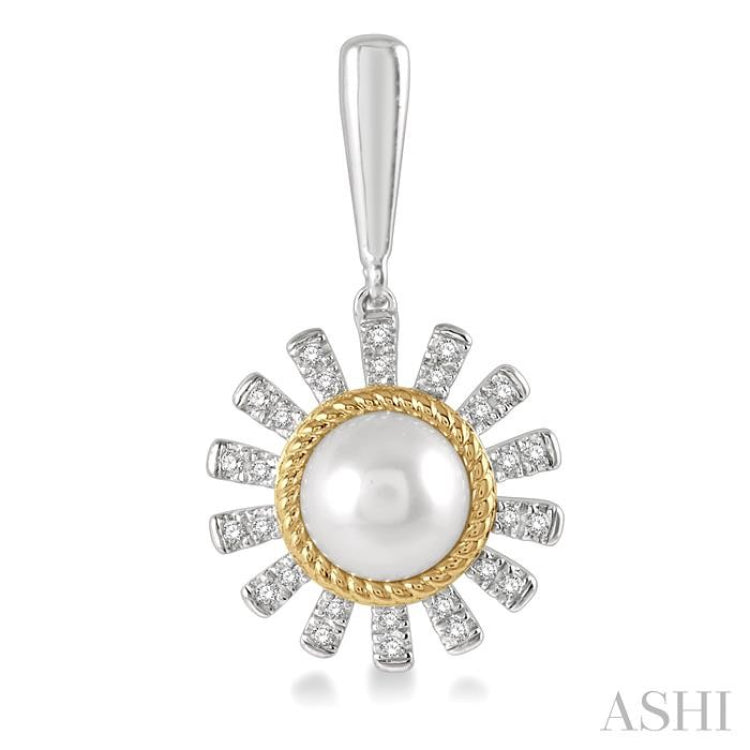 1/5 Ctw Sunflower 6x6 MM Cultured Pearls & Round Cut Diamond Earring in 10K White and Yellow Gold