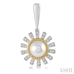 1/5 Ctw Sunflower 6x6 MM Cultured Pearls & Round Cut Diamond Earring in 10K White and Yellow Gold