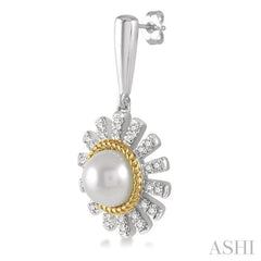 1/5 Ctw Sunflower 6x6 MM Cultured Pearls & Round Cut Diamond Earring in 10K White and Yellow Gold