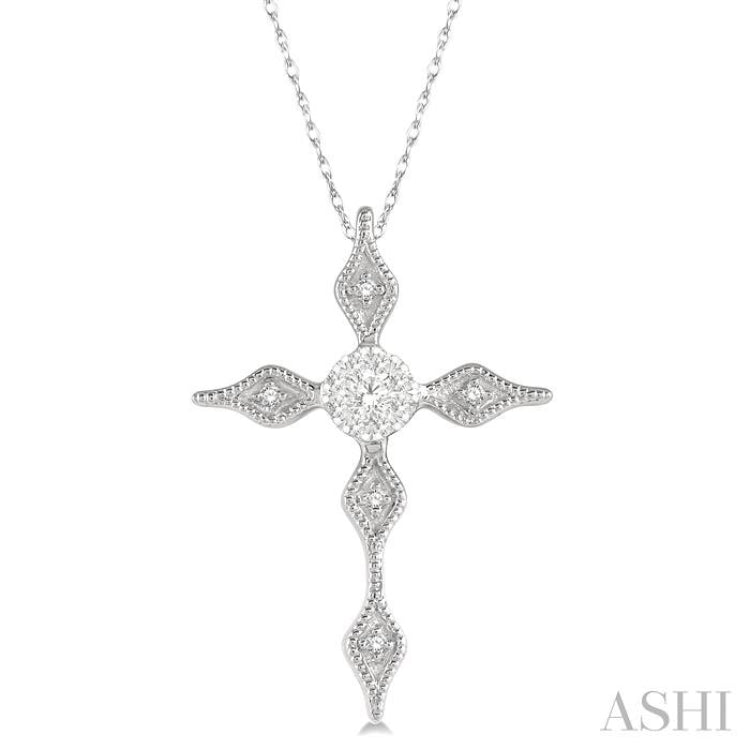 1/8 Ctw Pointed Tip Marquise Cross Charm Round Cut Diamond Pendant With Chain in 14K White Gold