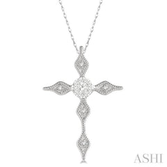 1/8 Ctw Pointed Tip Marquise Cross Charm Round Cut Diamond Pendant With Chain in 14K White Gold