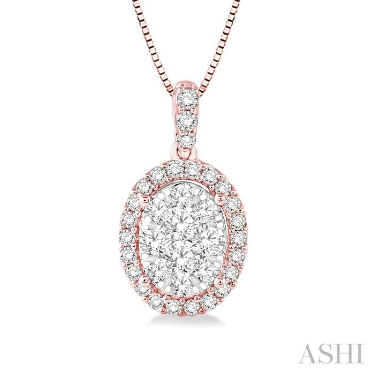 1/3 Ctw Oval Shape Diamond Lovebright Pendant in 14K Rose and White Gold with Chain